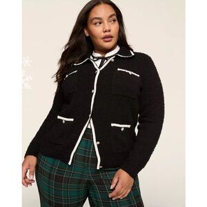 Lane Bryant Boucle Embellished Button Front Black Jacket White Trim Size 26/28